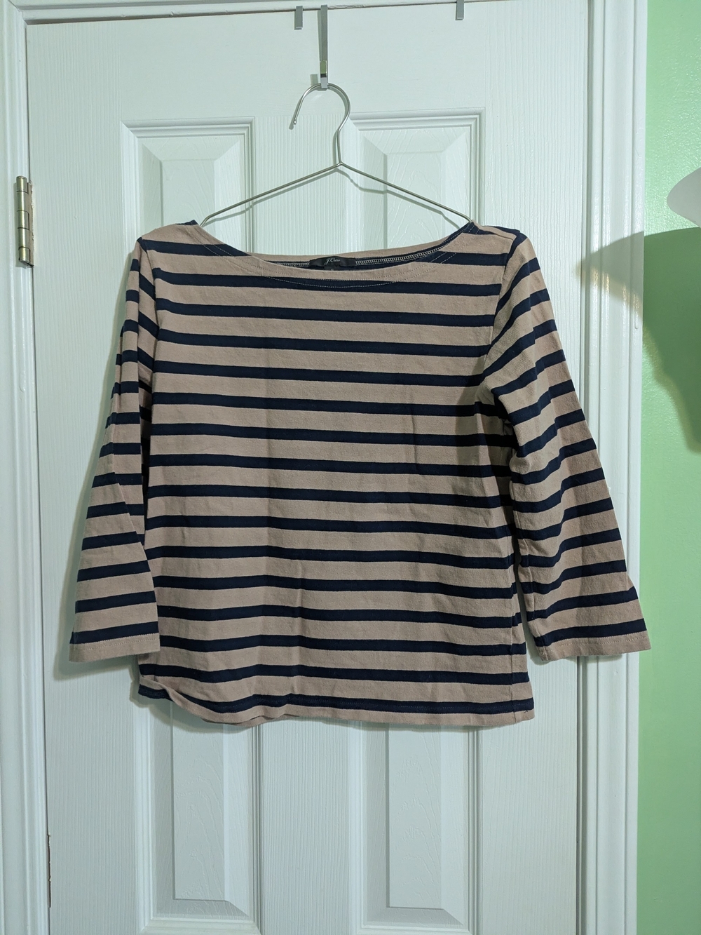 J. Crew Beige and Navy Striped Boatneck 3/4 Sleeve Top